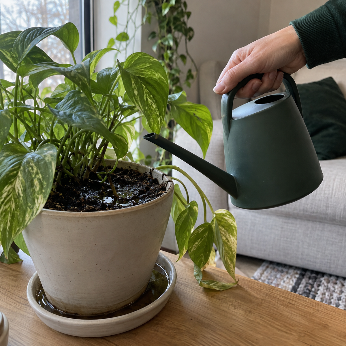 Una planta con tierra húmeda y una regadera que muestra la duda antes de volver a regar